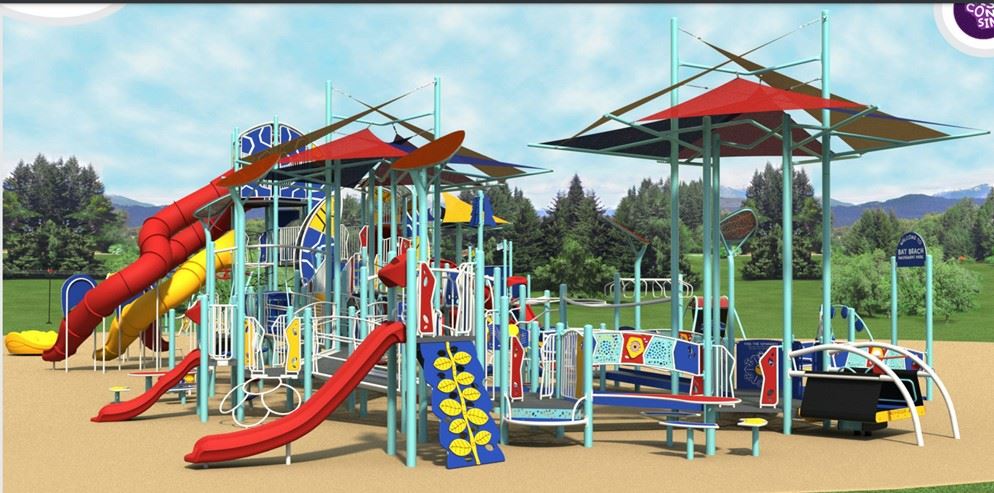 Second view of the large ramped play structure at Bay Beach Inclusive Playground