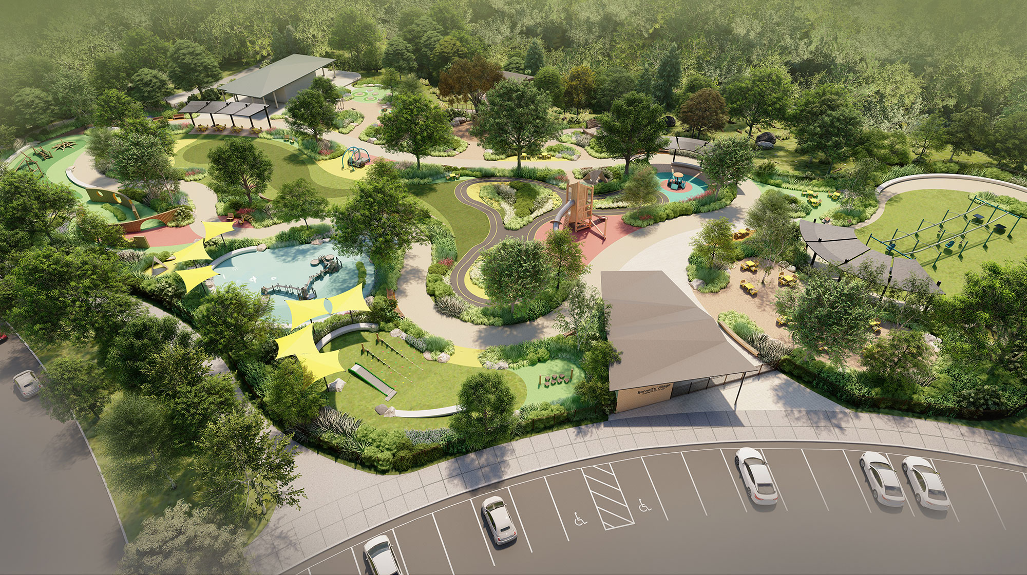 Aerial rendering showing the planned all-abilities playspace layout at Bennett's Village