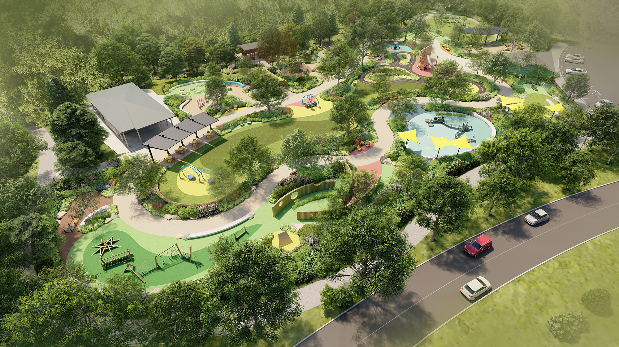 Second aerial rendering of Bennett's Village with multiple play zones and paths