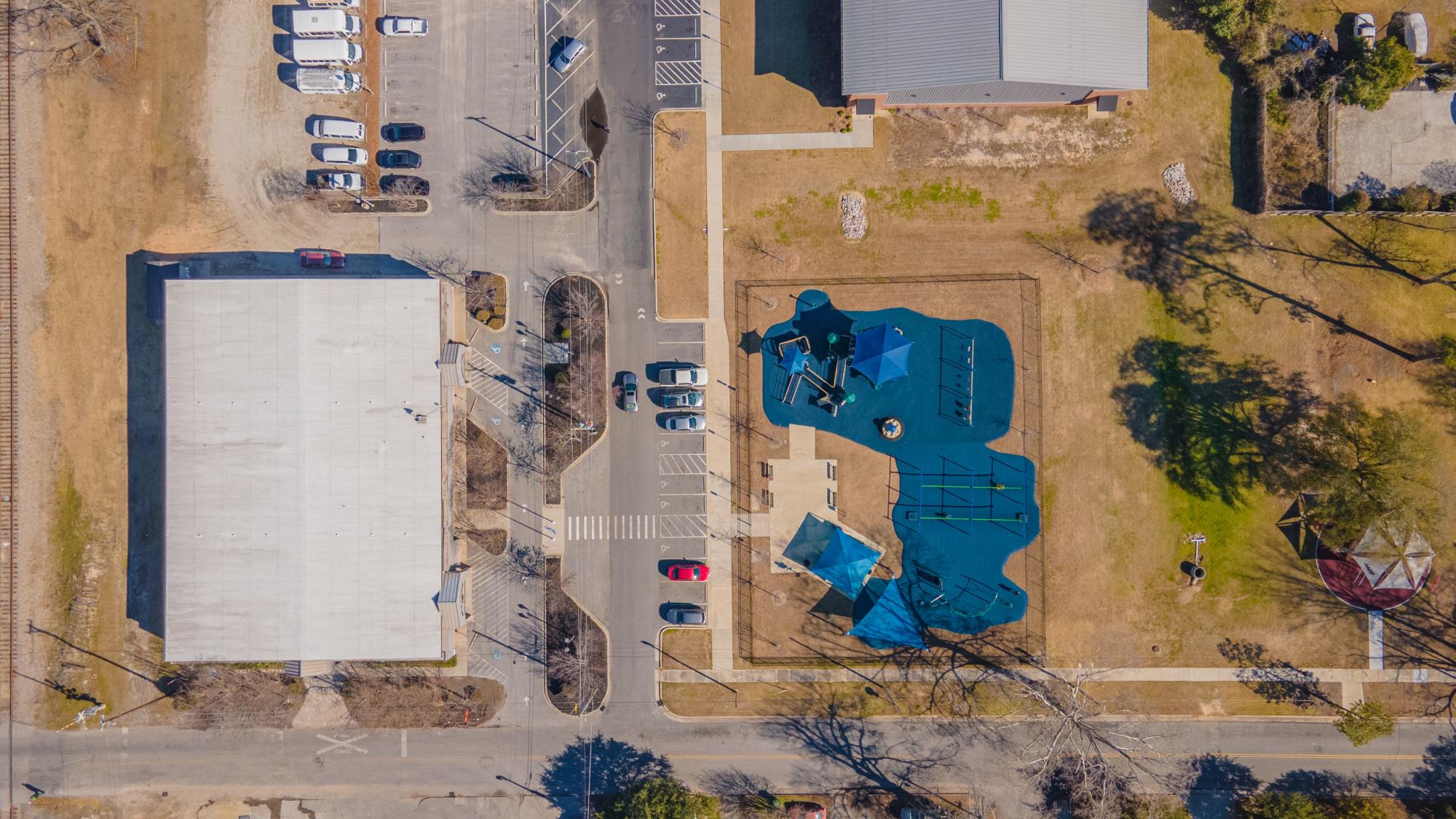 Aerial view of the Barnes Street campus including BK's Playground