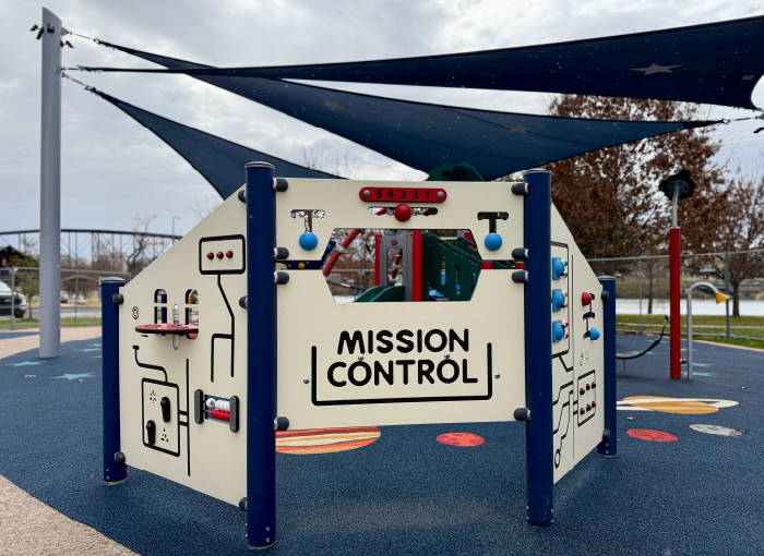 Interactive play structure at the Bledsoe-Miller STEAM Center playground.