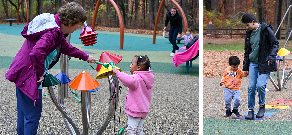 Children using musical play elements at the Blendon Woods inclusive playground