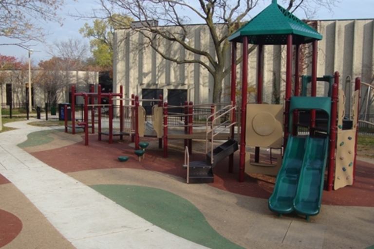 Accessible playground at Brands Park with slides and climbing structures.