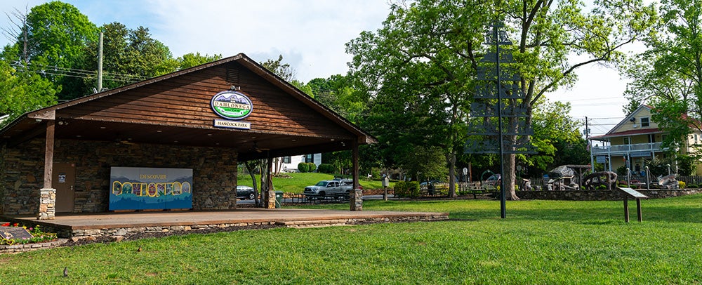 Hancock Park pavilion with the all-abilities playground in the background