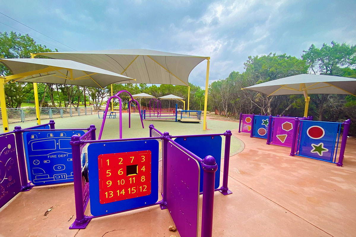 Multicolored inclusive playground equipment at Dan Markson Park