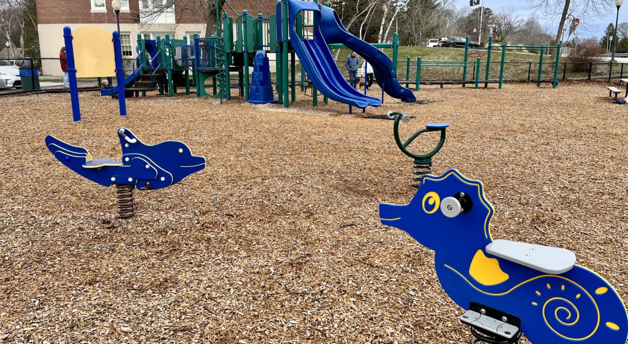 Blue dolphin and seahorse bouncers at Duxbury Library Playground