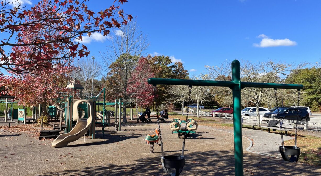 Wide view of the large playground at Forges Field