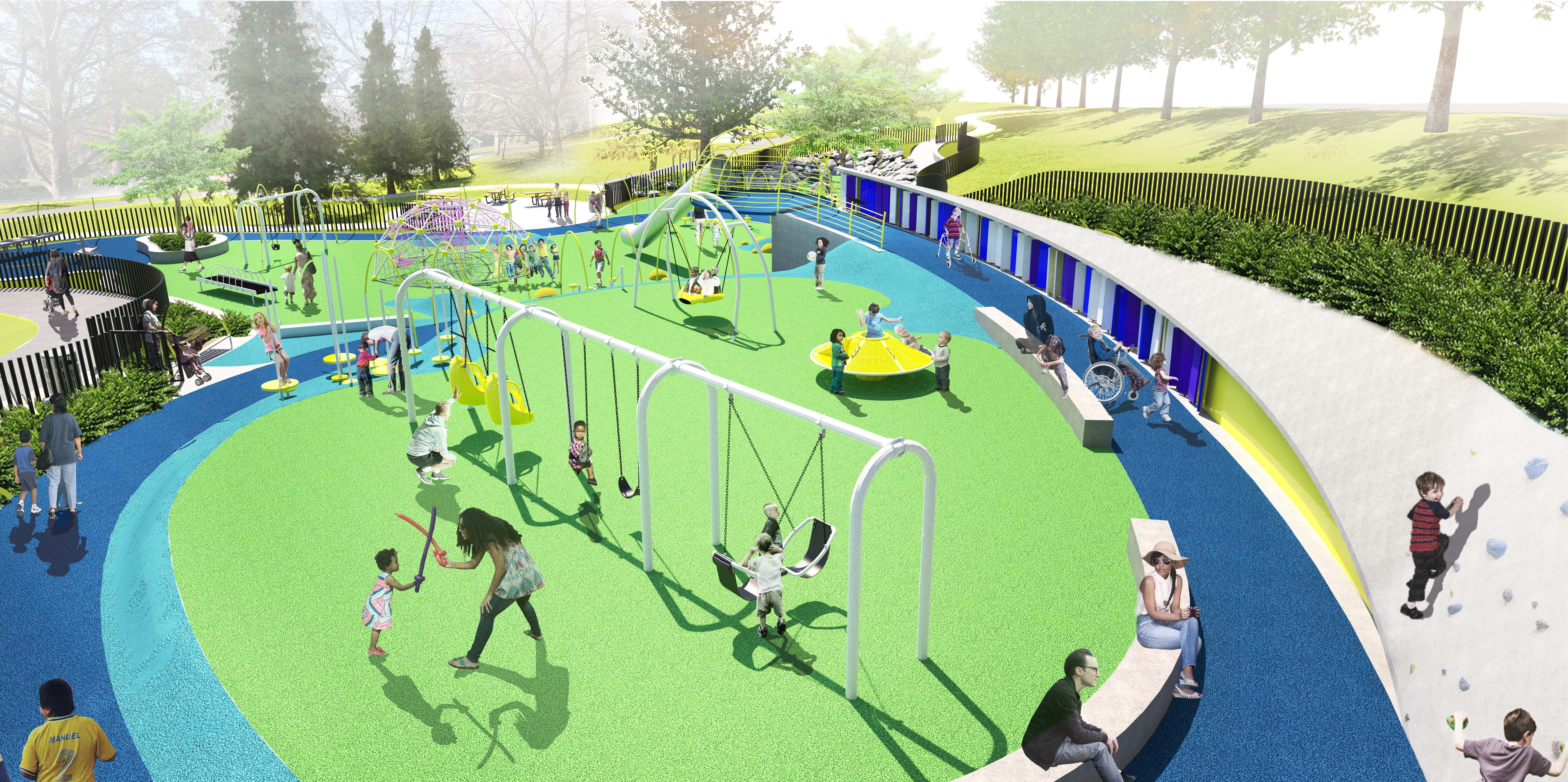 Rendering of the Gabriel Park inclusive playground swing and upper slope area