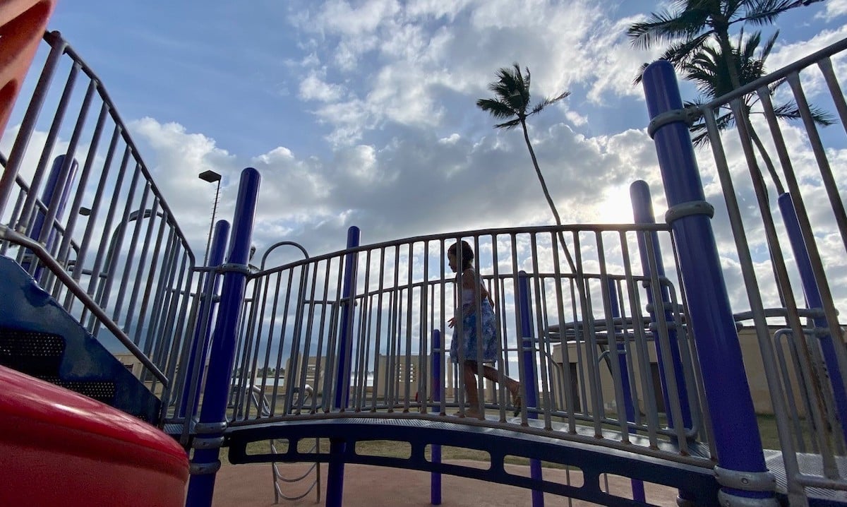 Bridge and climbing features at Haleʻiwa Beach Park Playground