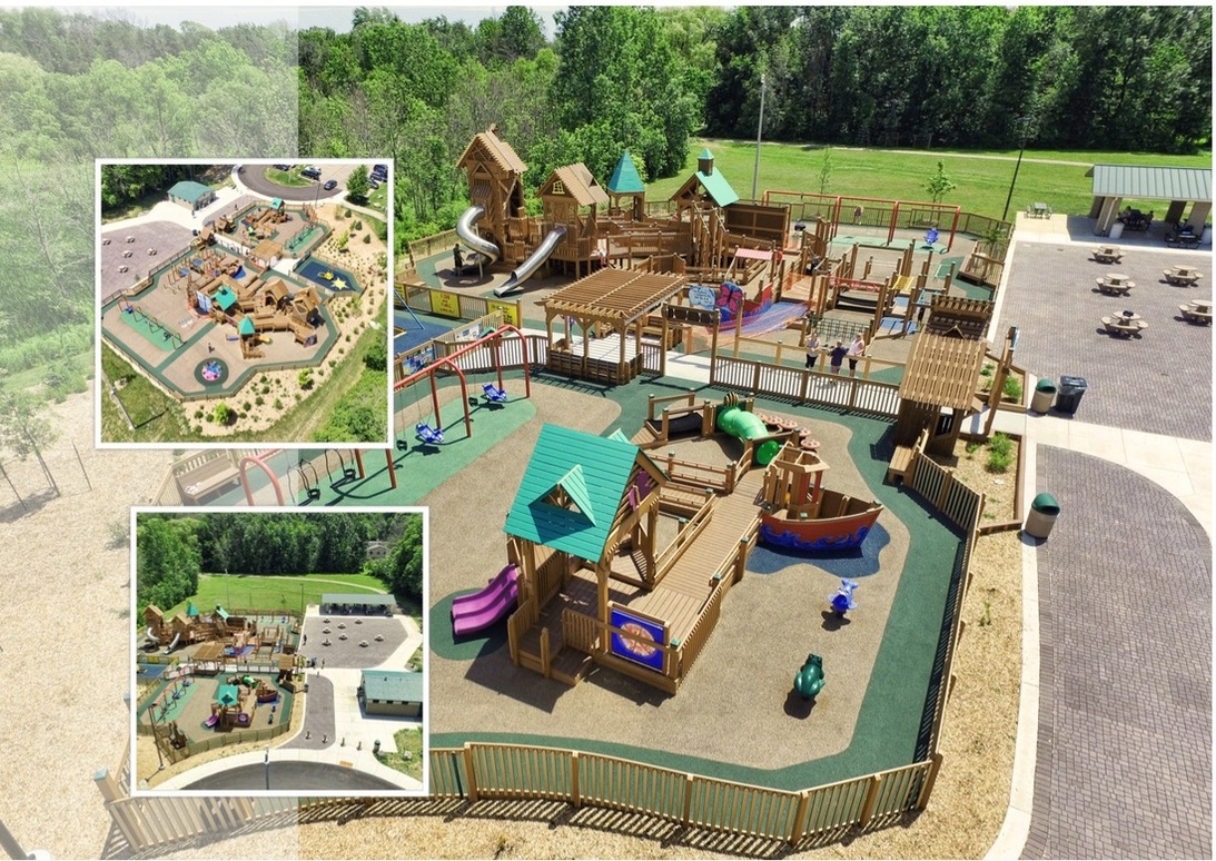 Collage of accessible playground features at Kayla's Playground