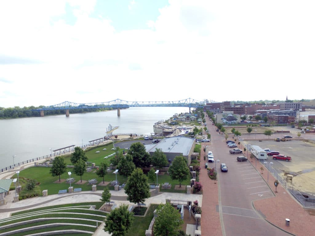 Aerial view of Smothers Park on the Owensboro riverfront