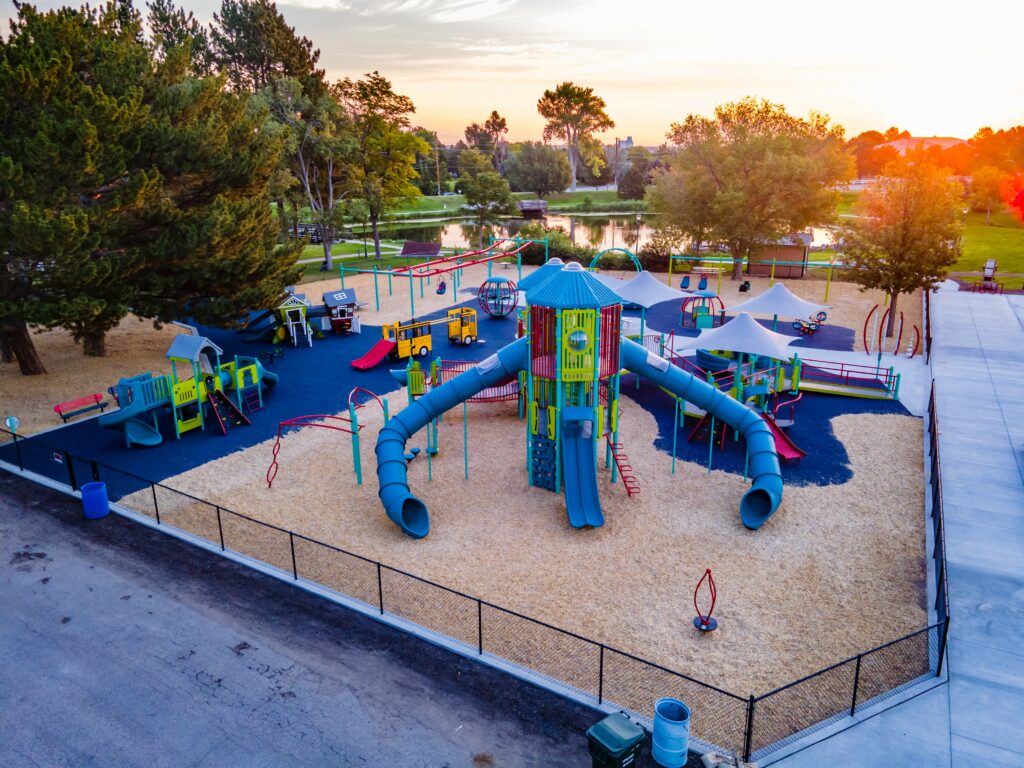Wide view of the inclusive playground at Legion Park in Sidney