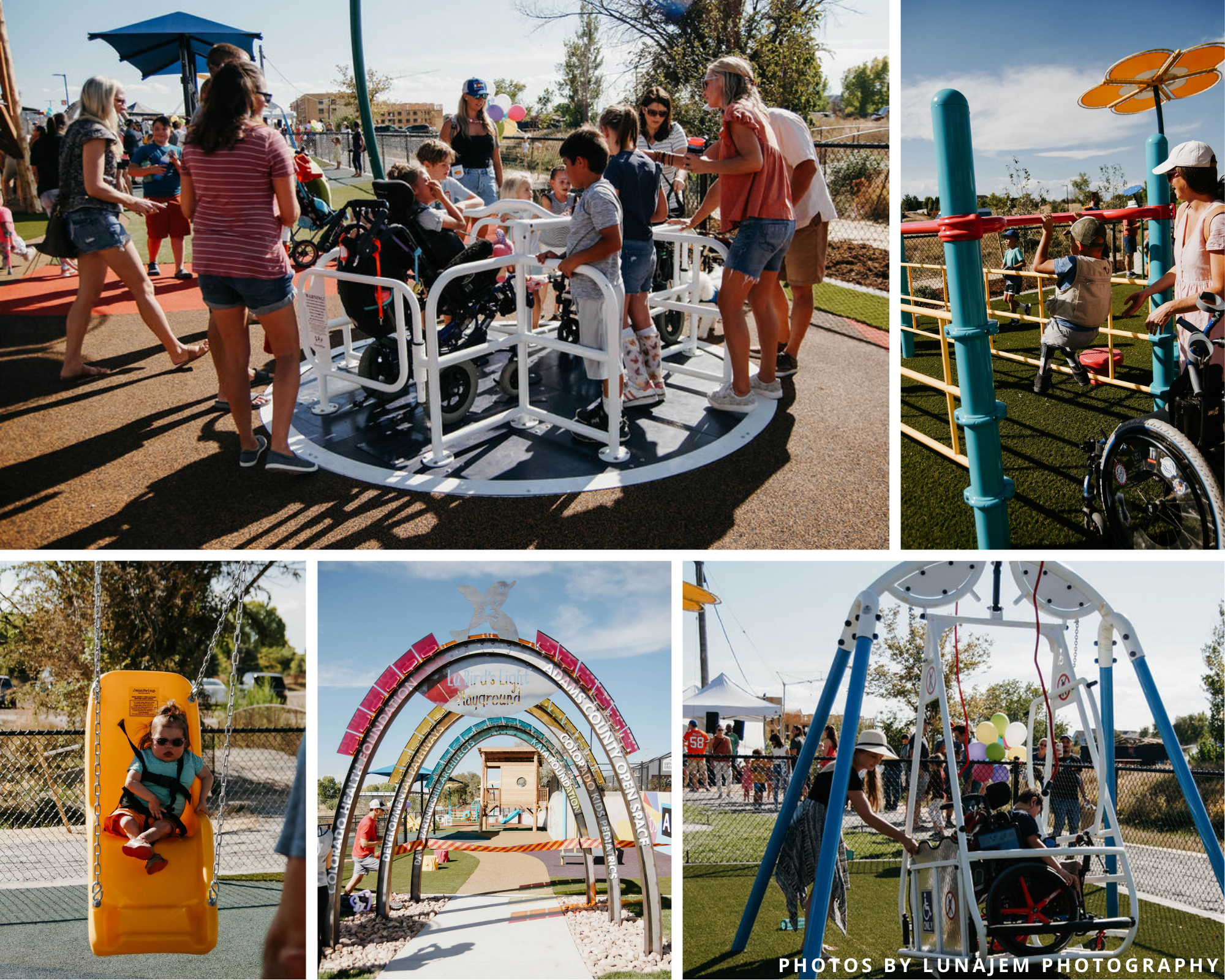 Collage of play spaces and equipment at LuBird's Light Playground