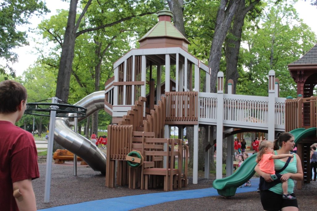 Elevated play structure with ramps at OurSpace