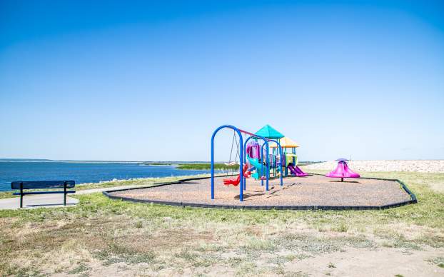 Lakeside park and pier area in Devils Lake