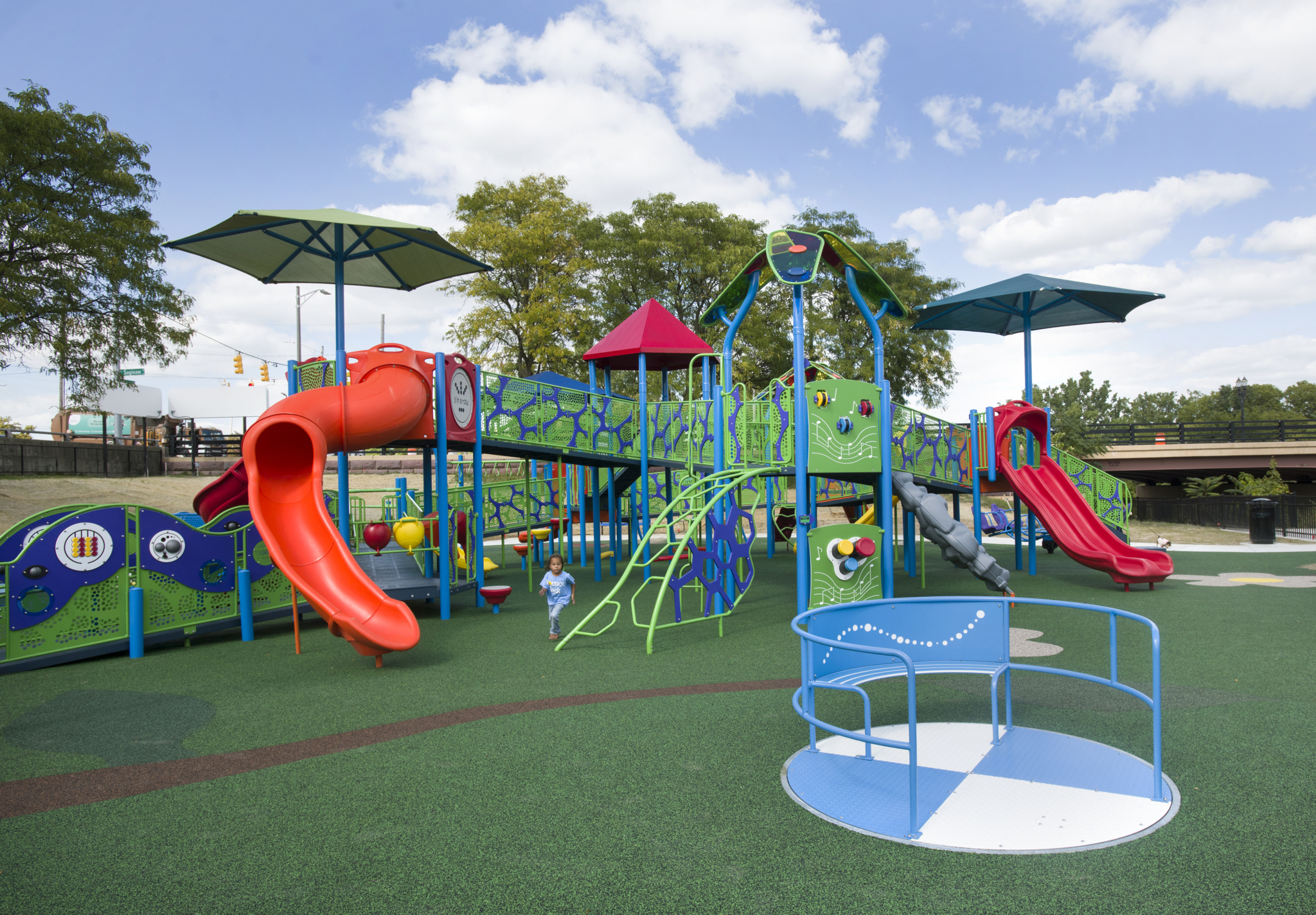 Wide view of Play Michigan on the downtown riverfront