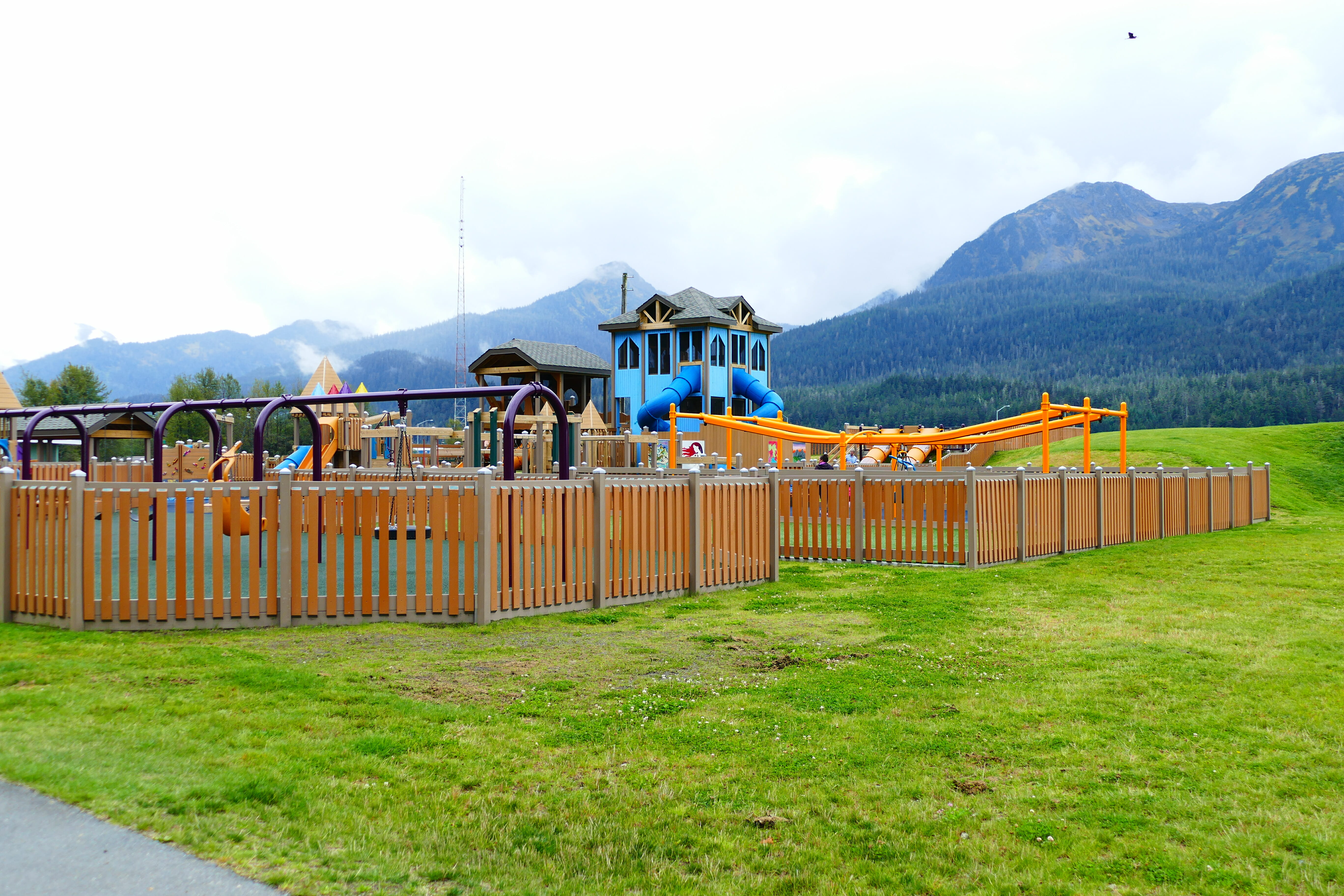 Wide view of the play structures at Project Playground