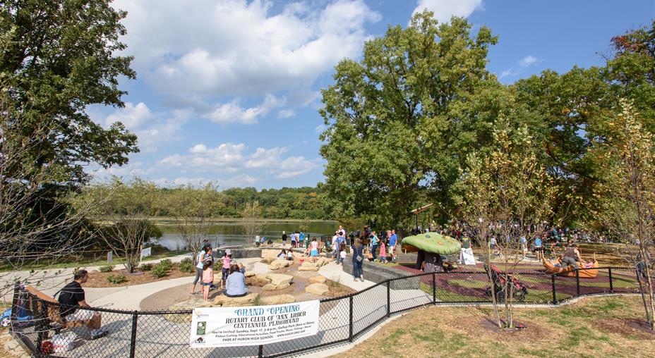 Wide view of the universal access playground at Gallup Park