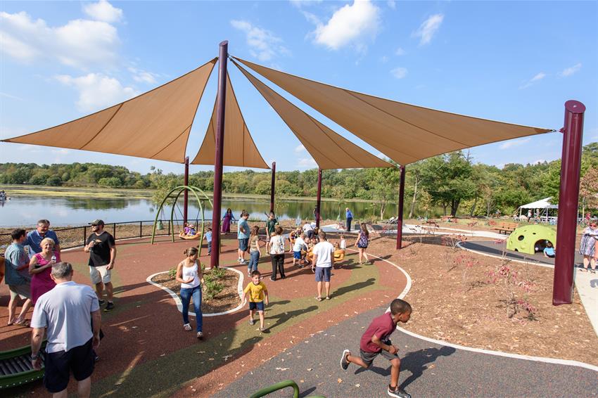 Inclusive play zone with ramps and open circulation space