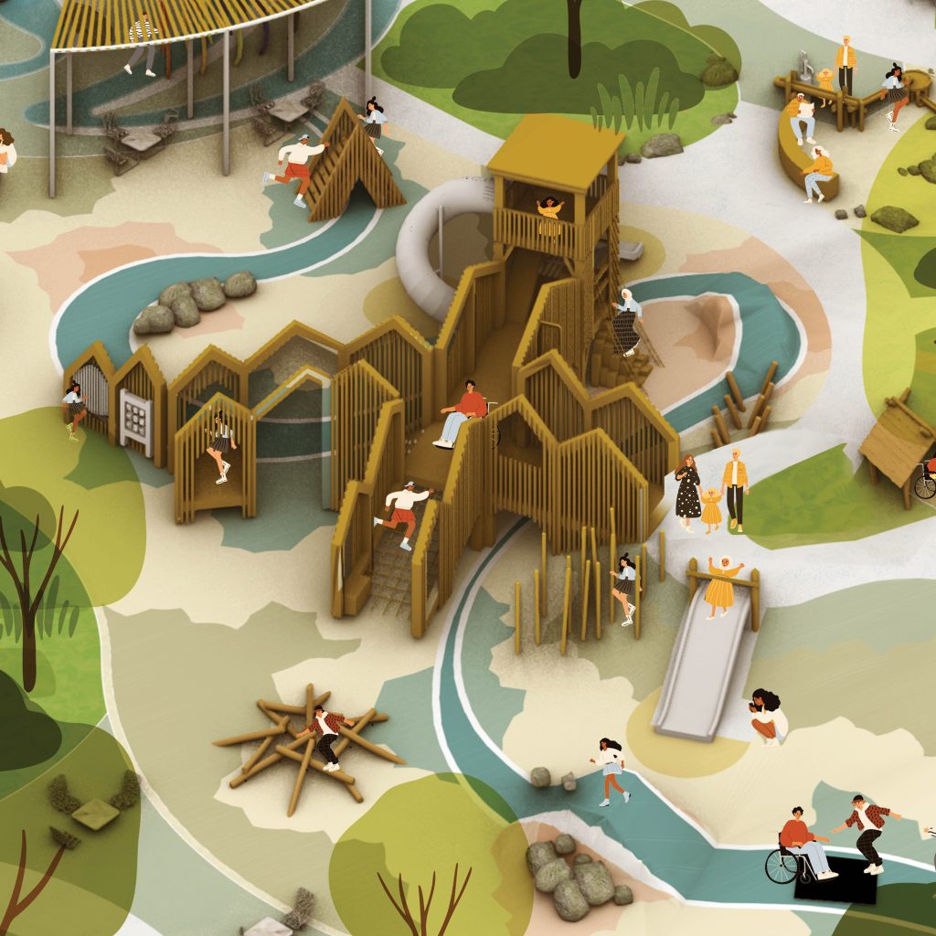 Rendering of accessible play tower and inclusive elements