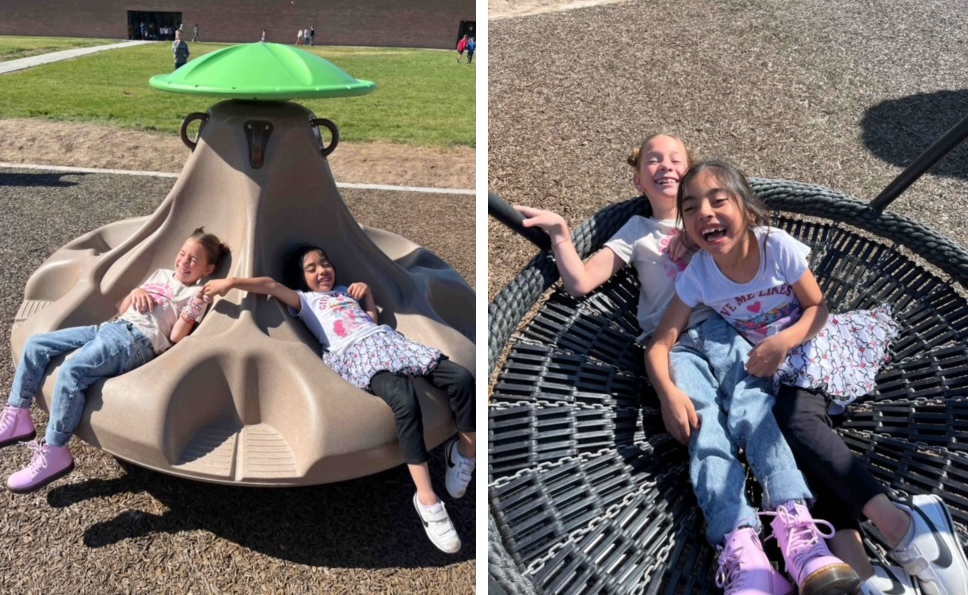 Children using the inclusive playground at Sawtooth Elementary