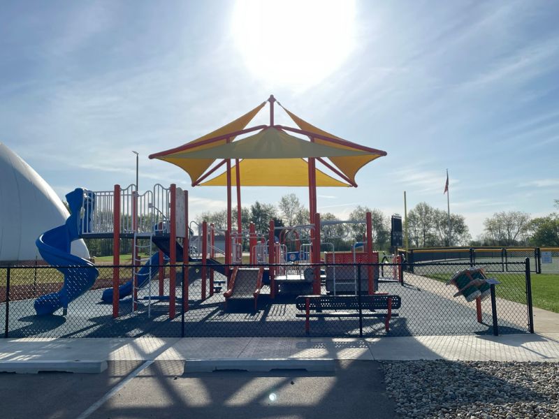 Inclusive playground viewed from the parking lot at The Dome
