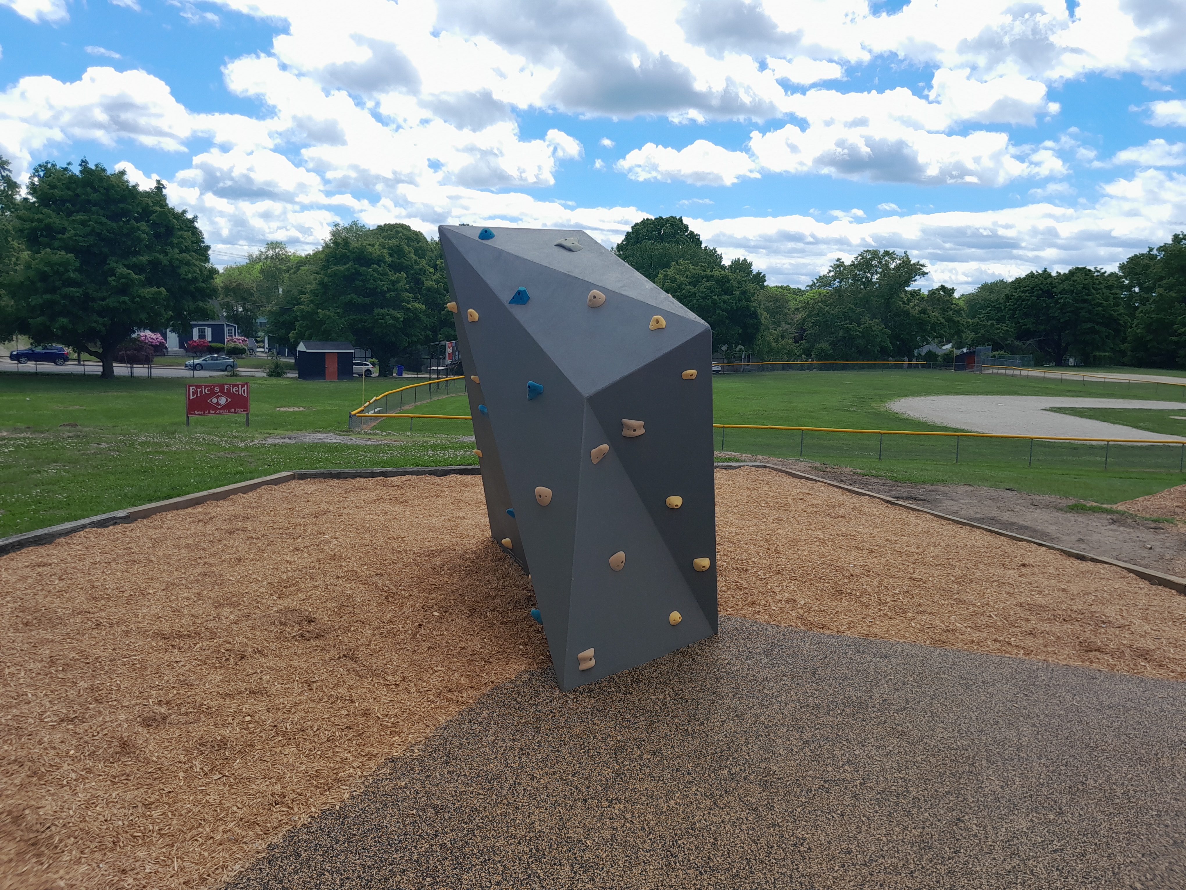 Climbing rock and ballfields at Steven's Park