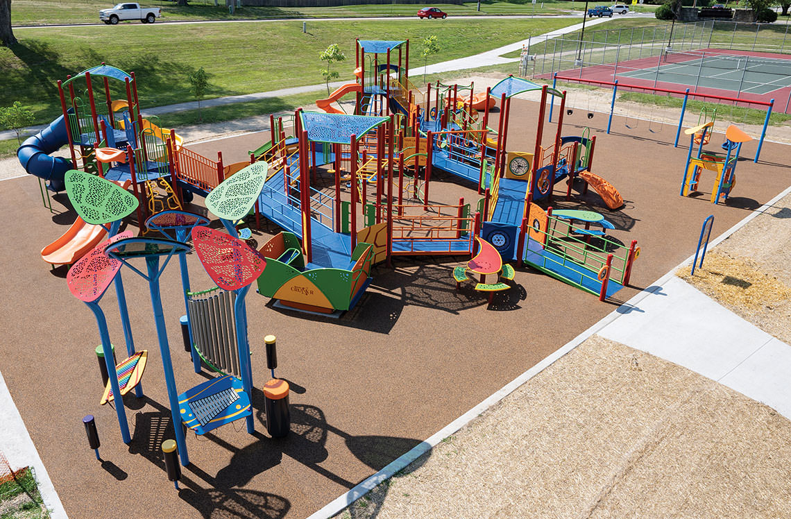 Colorful fully ramped inclusive playground at Stonecroft Park