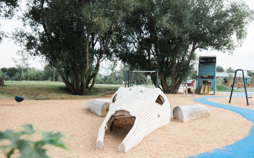 Large sculptural climbing feature with shade trees at Story Mill Community Park