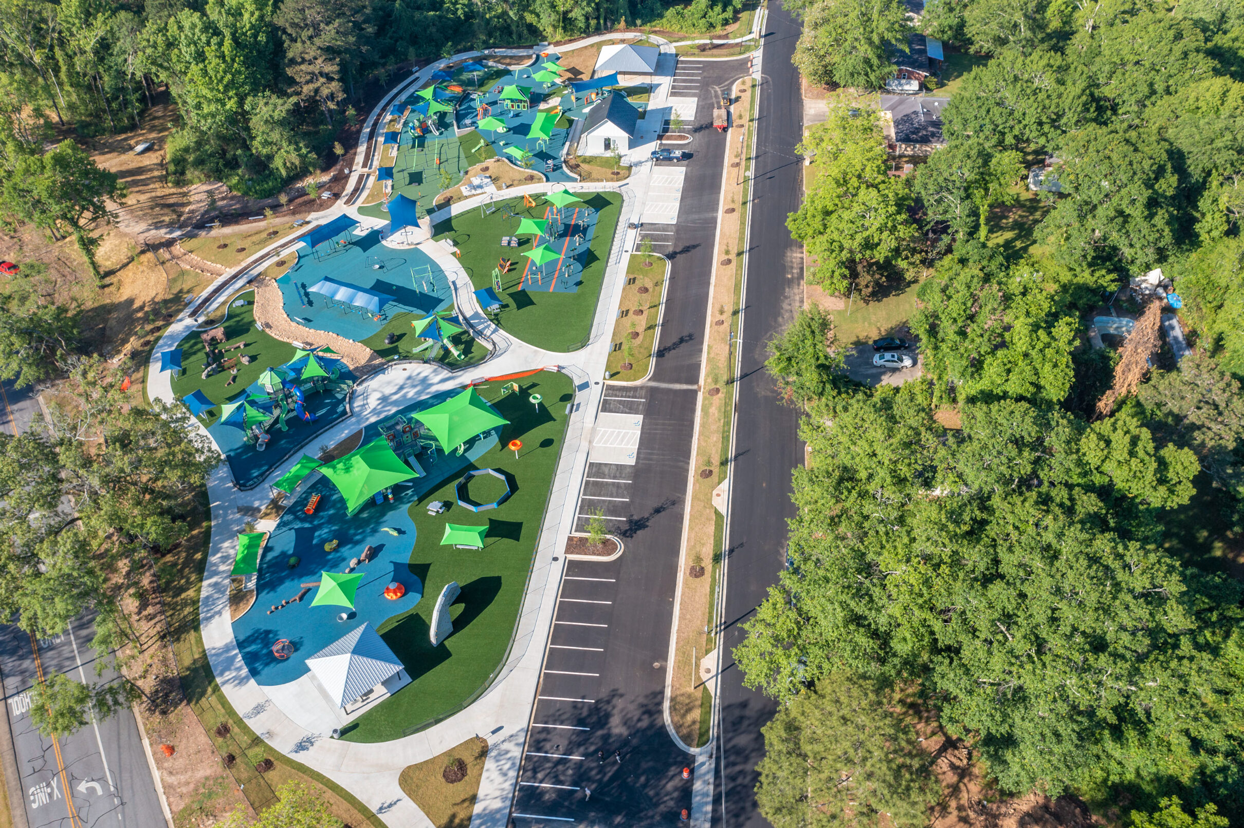Aerial view of Town Creek Inclusive Playground in Auburn
