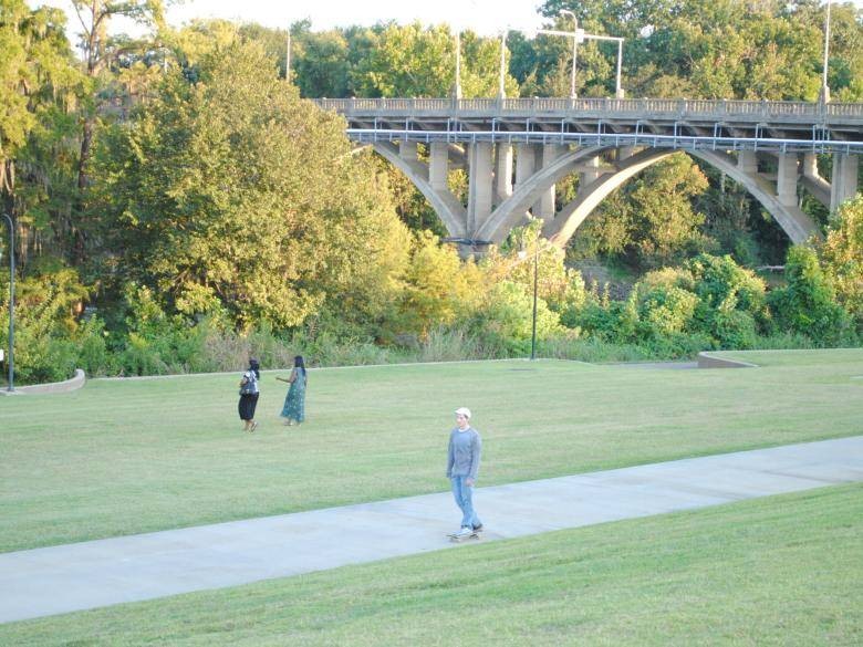 Riverfront Park in Albany with open gathering space near the playground