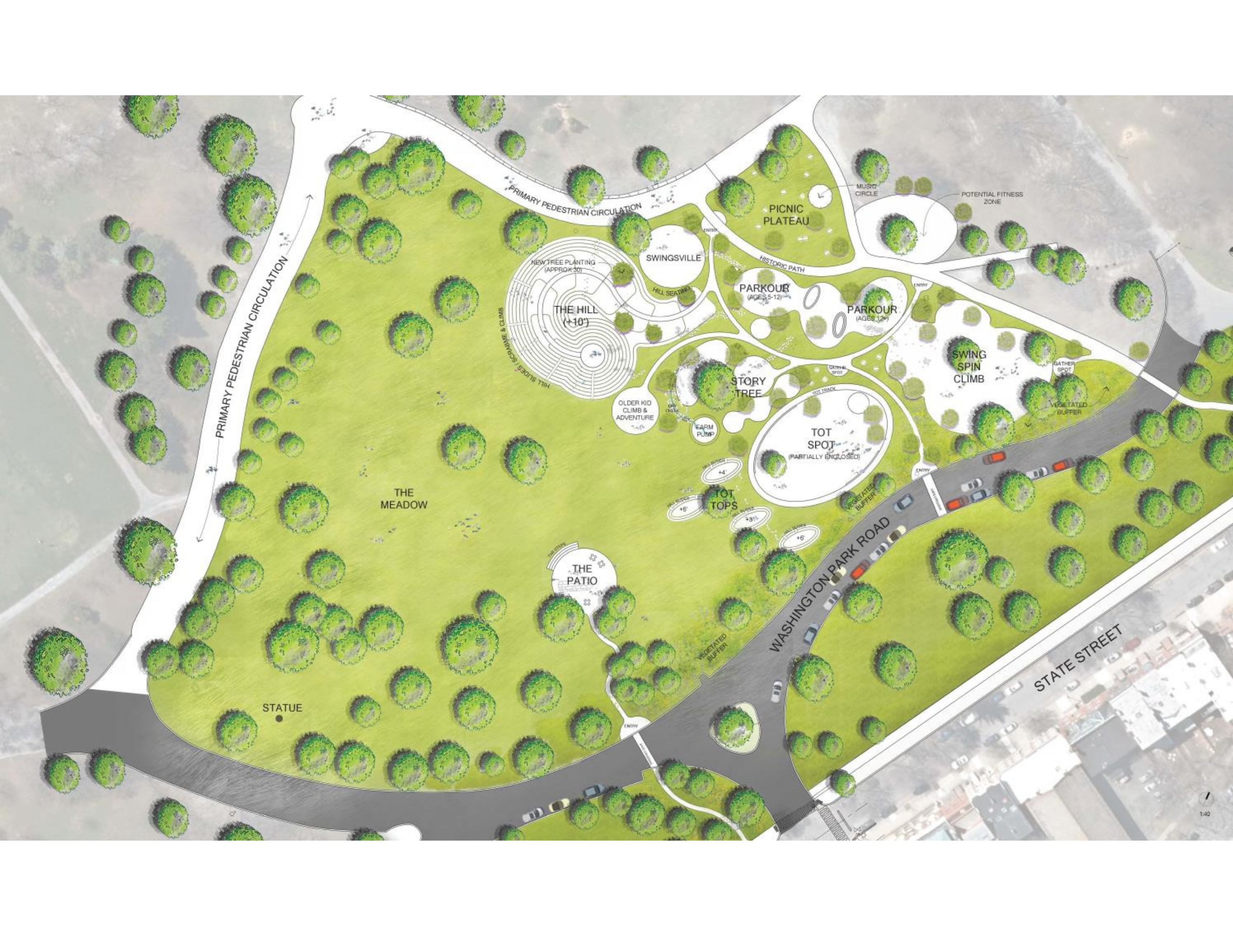 Aerial rendering looking south over the Washington Park Playground project
