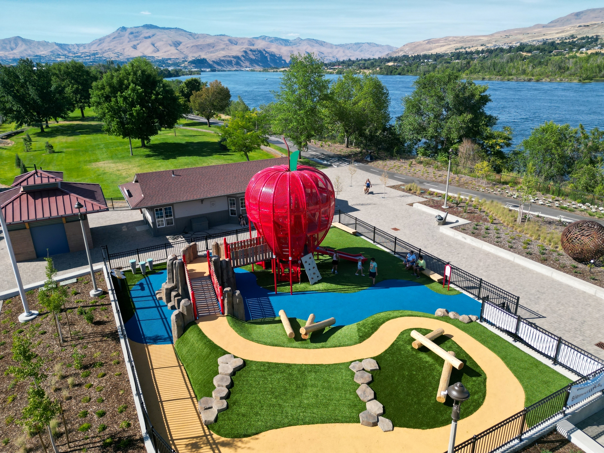 Aerial view of Wenatchee Riverfront Park playground and splash pad