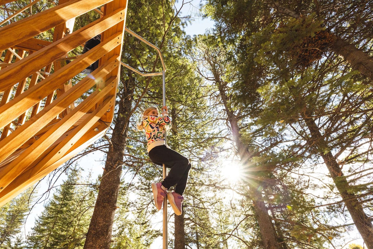 Girl using a fireman's pole at Wild Woods Playground