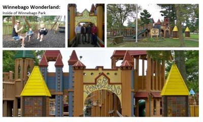 Wooden playground structures at Winnebago Wonderland