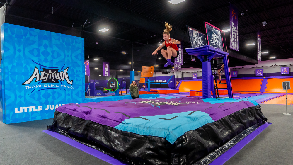 Stunt bag attraction inside Altitude Trampoline Park Franklin.