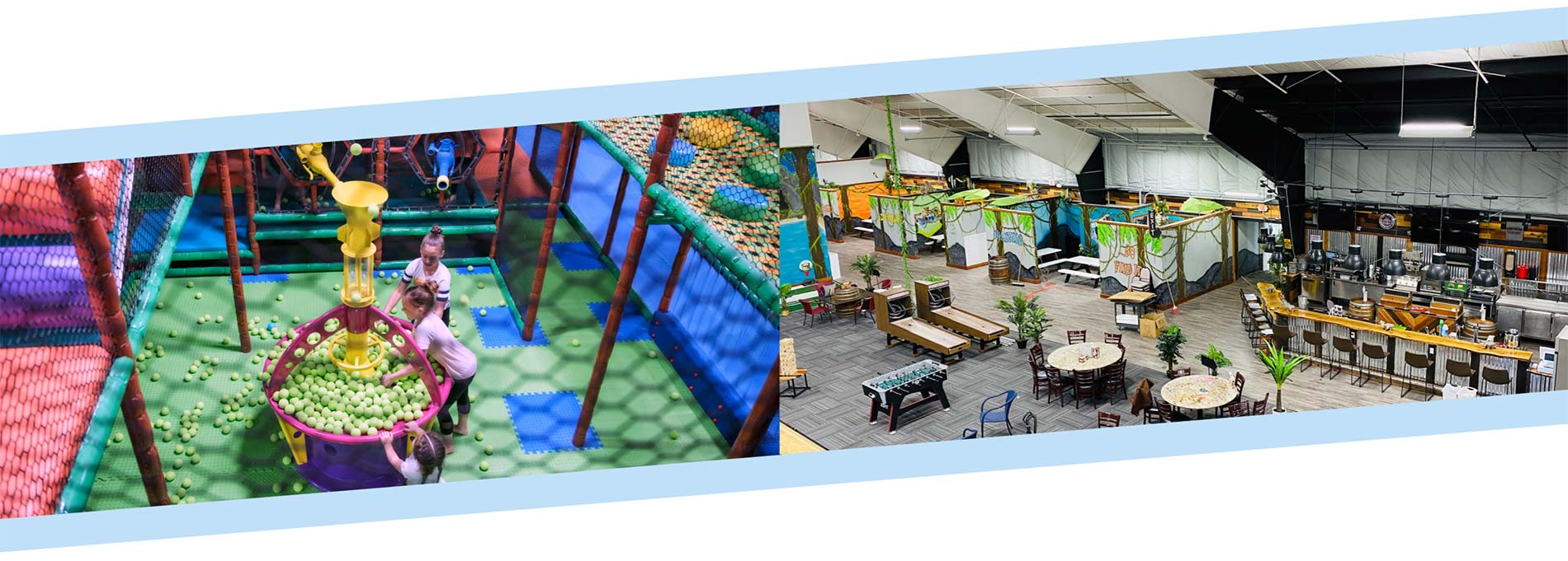 Indoor play area with dining and seating at Athletic Edge Adventure Park.
