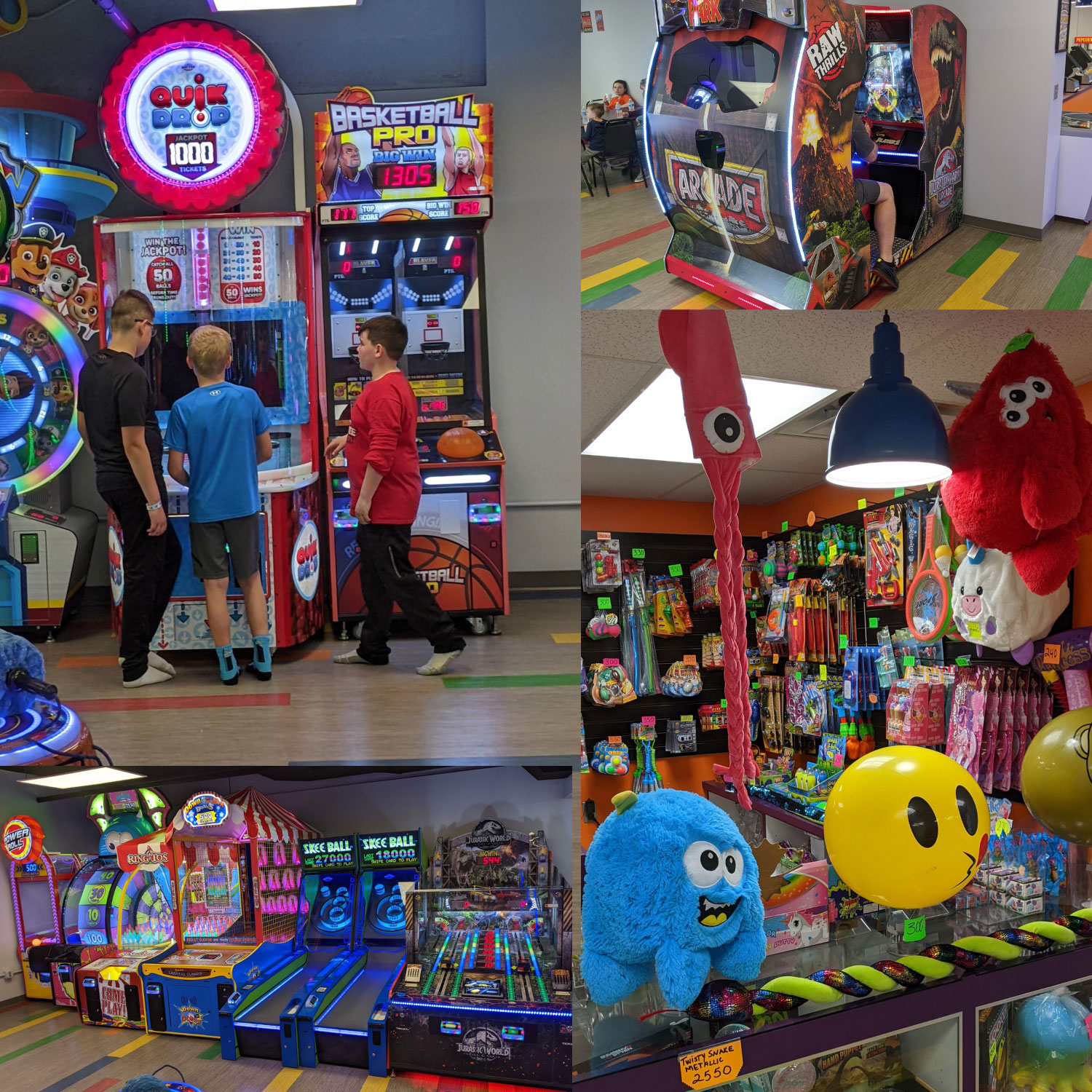 Arcade area and front seating inside Bouncyland Fun Center.