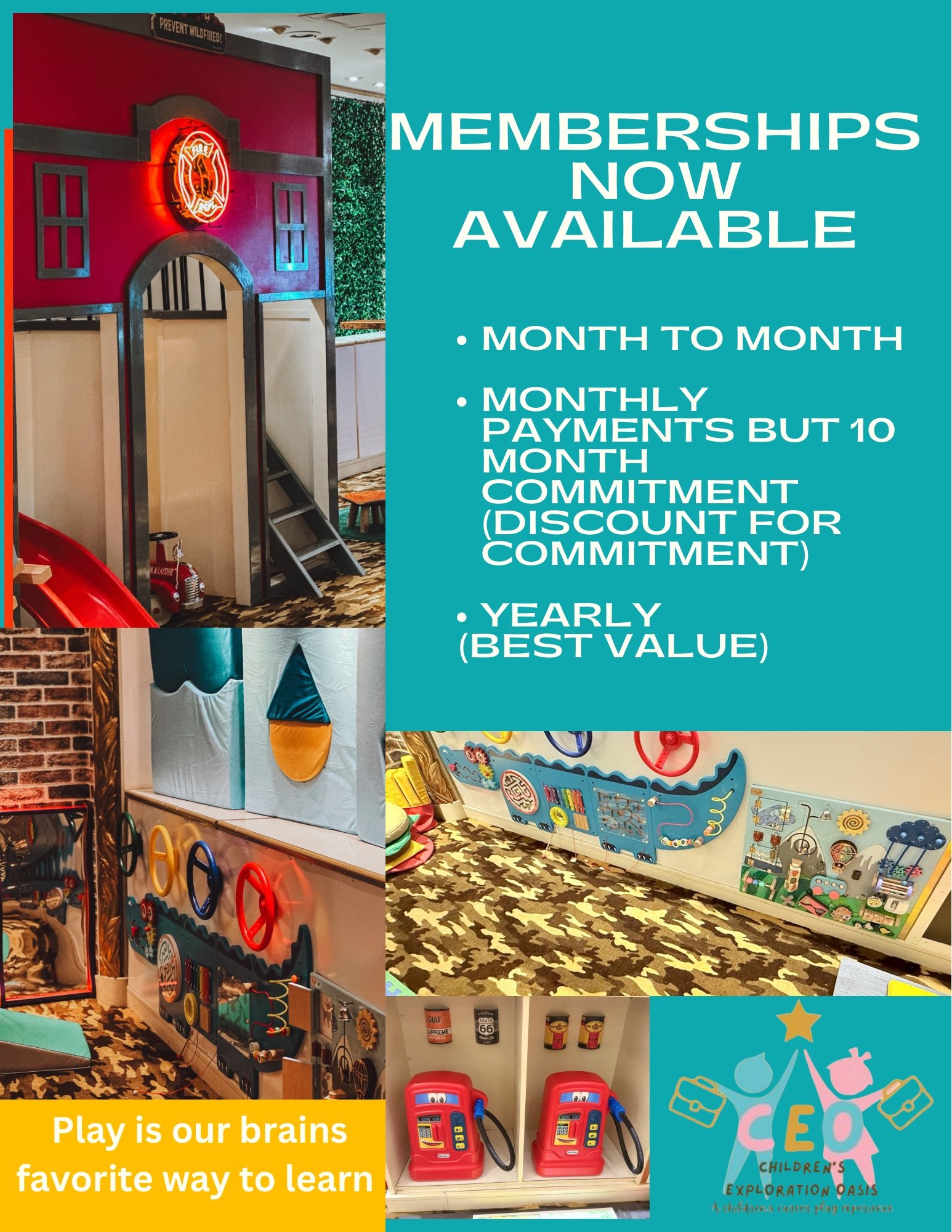 Role-play stations and child-sized setups at Children's Exploration Oasis.