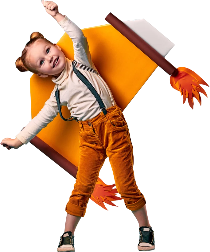 Promotional museum image featuring a child and school-themed props.