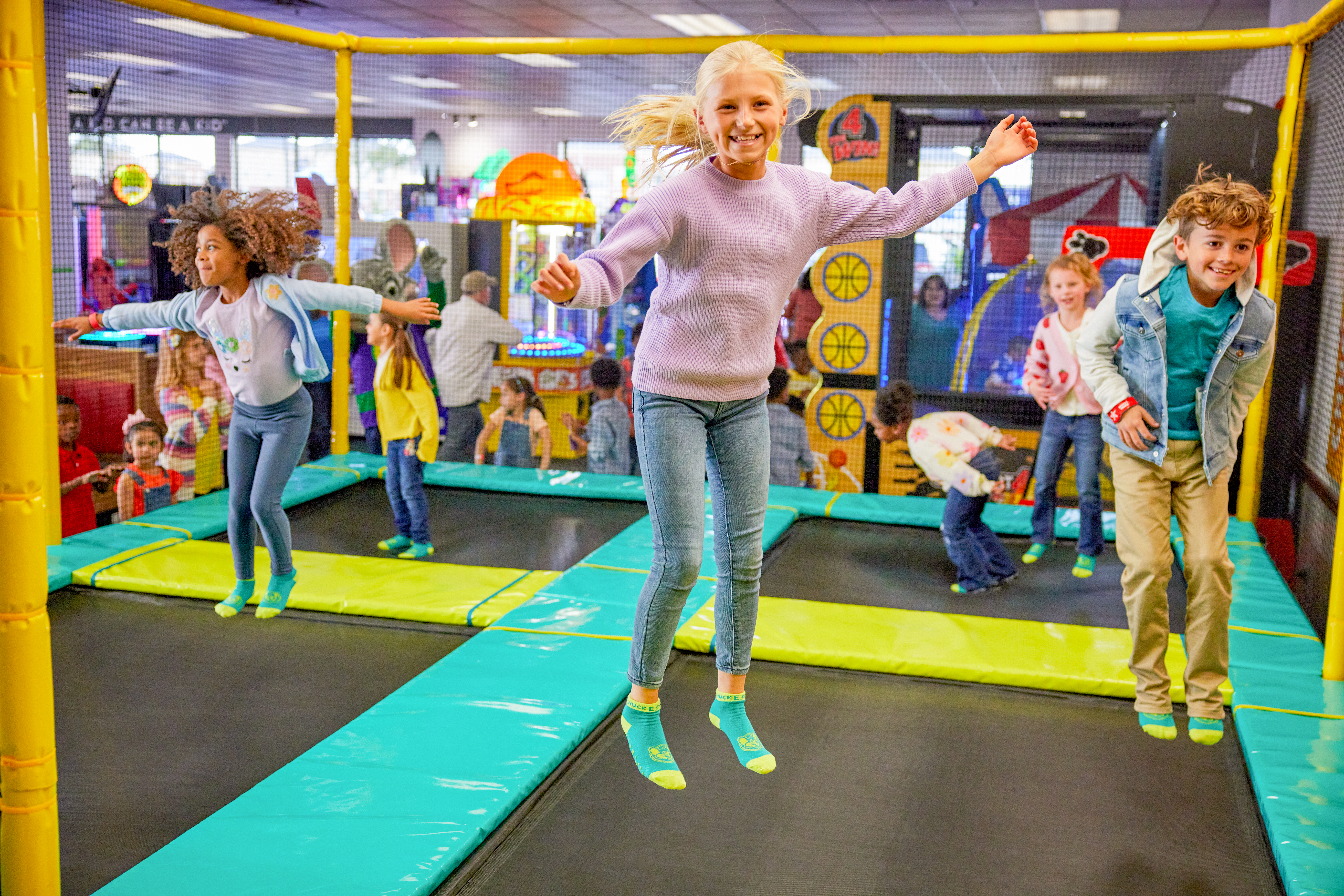 Children using the trampoline zone at Chuck E. Cheese in Lake Charles.