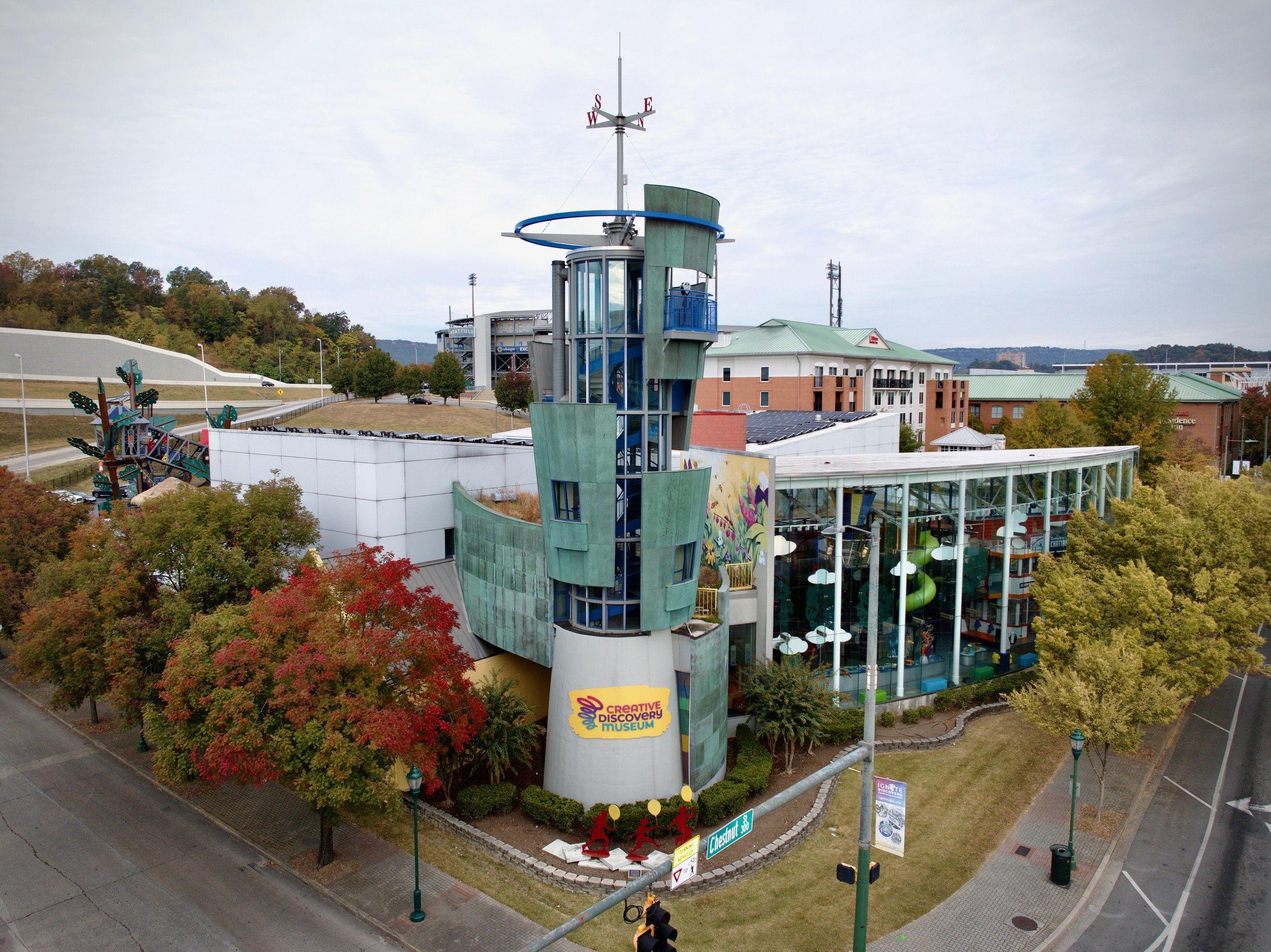Aerial exterior view of Creative Discovery Museum in downtown Chattanooga.