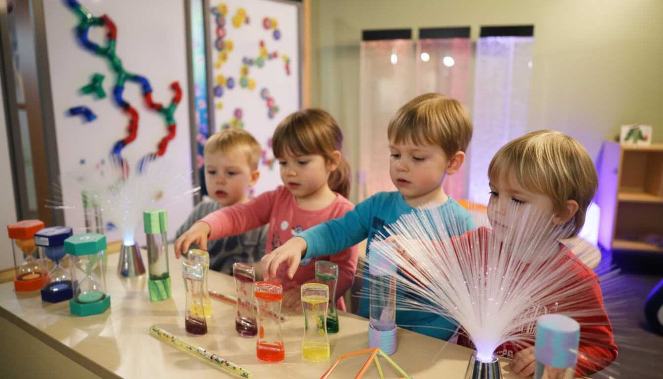 Children using colorful sensory materials and light-up tabletop activities at CRR Discovery Museum.
