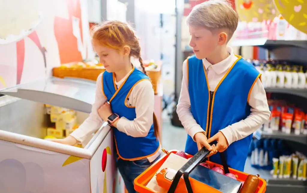 Children pretending to shop in Curiosity Avenue's market play area.