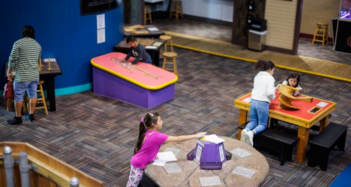 Wide view of hands-on exhibits at Discovery Science Place.