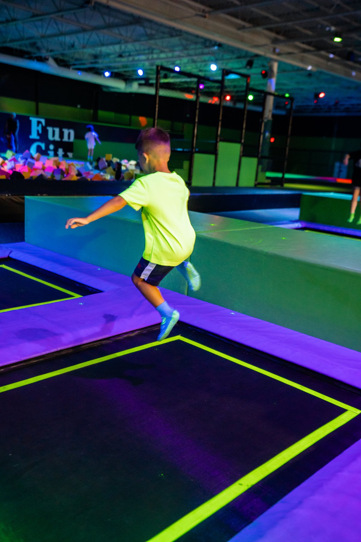 Trampoline and active-play attraction area at Fun City Adventure Park Columbus.