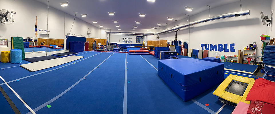 Wide view of Gold Medal Gymnastics with spring floor and tumbling equipment.