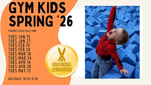 Gold Medal Gymnastics Gym Kids flyer showing a child in the foam pit.