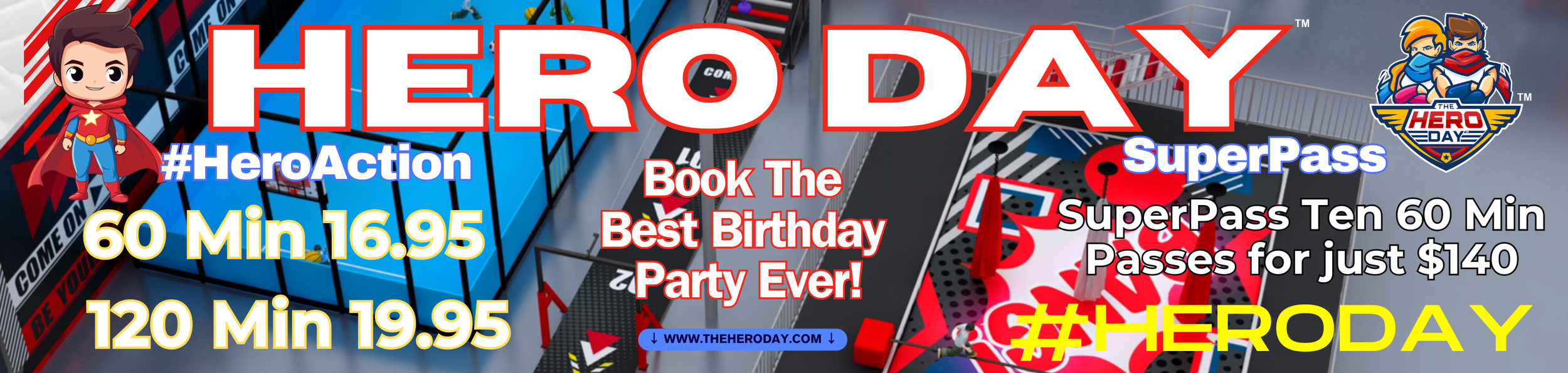 Hero Day Lima promotional graphic showing the indoor obstacle and inflatable play area.