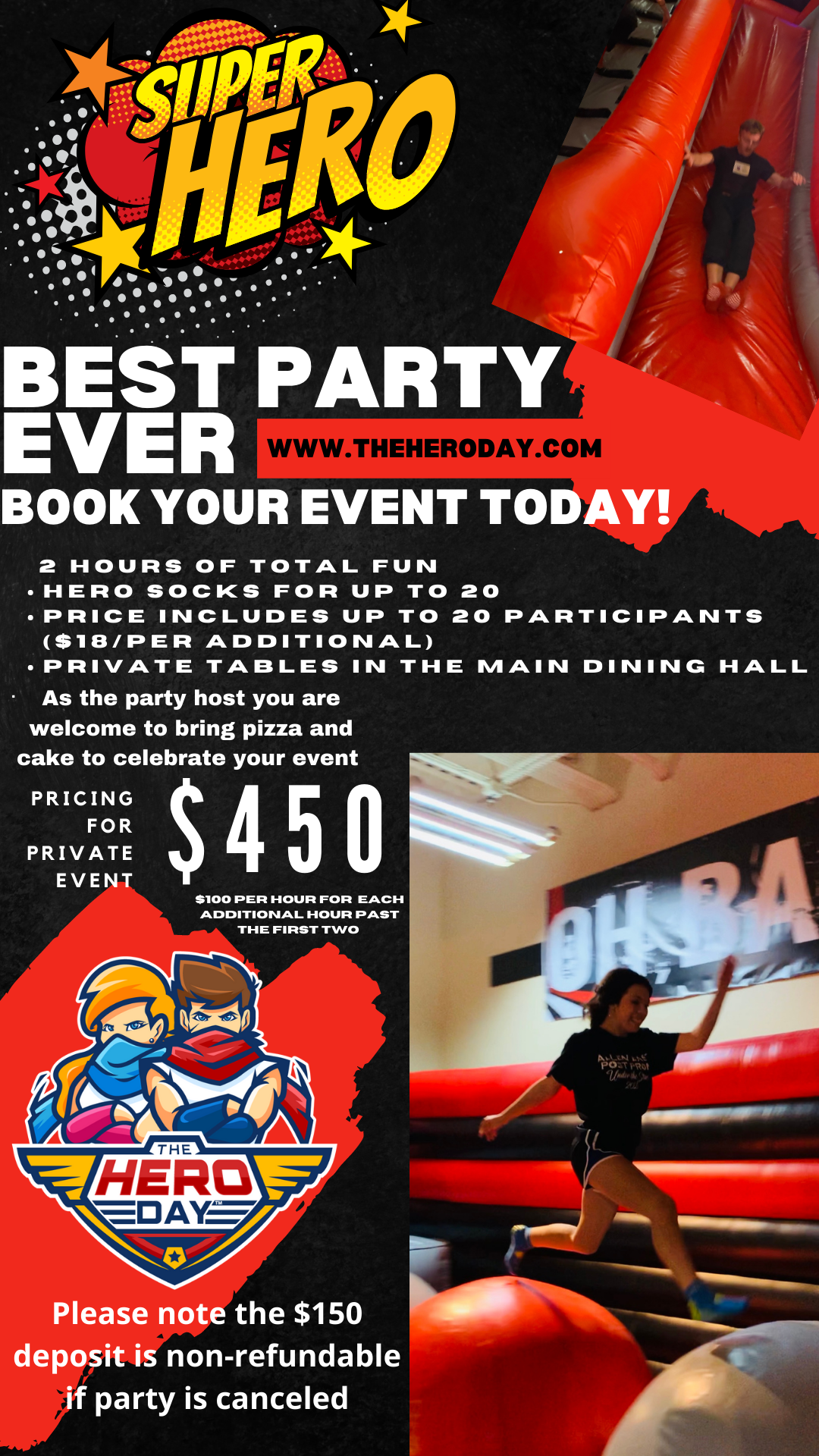 Hero Day Lima birthday party graphic with children using the inflatable play space.